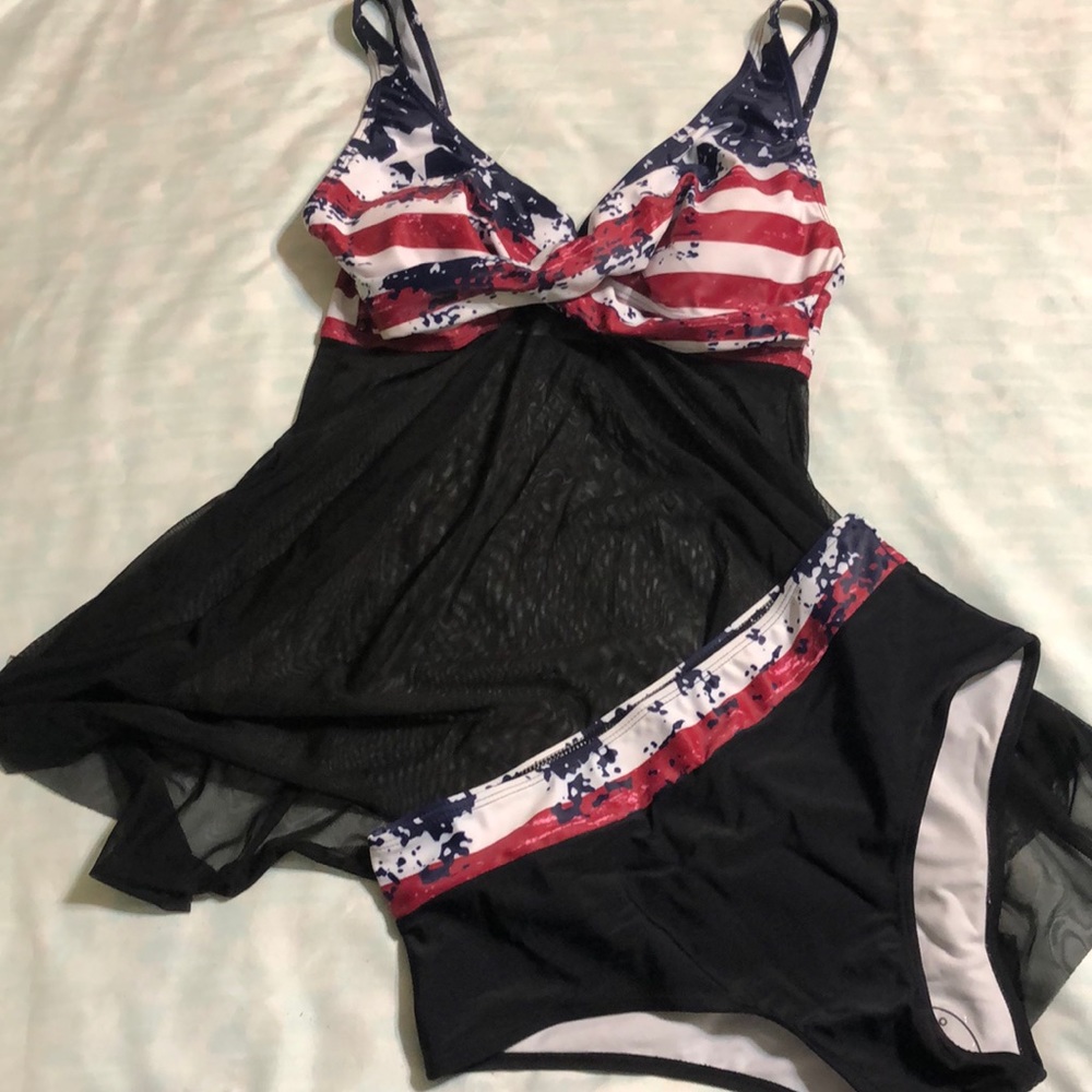 American Flag Print Asymmetric Hem Swimdress and Panty